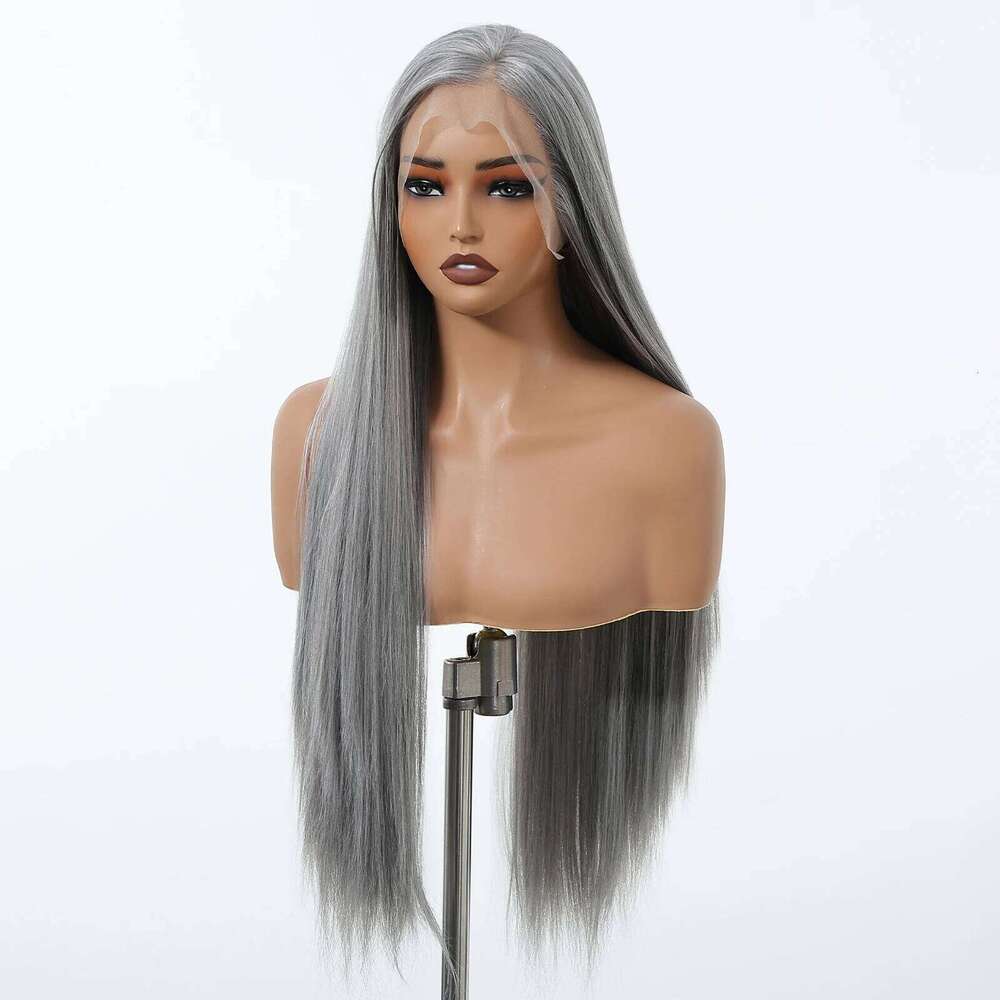 HENRY MARGU Long Straight Gray Front 13*3.5 Lace Frontal Wig Grey Synthetic Wigs for Women Cosplay Natural Fake Hair