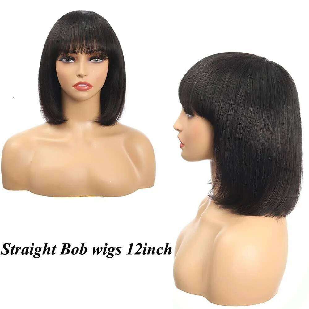 Straight Bob Wigs With Bangs Short Brazilian 180density For Woman Full hine Made Human Hair Wig