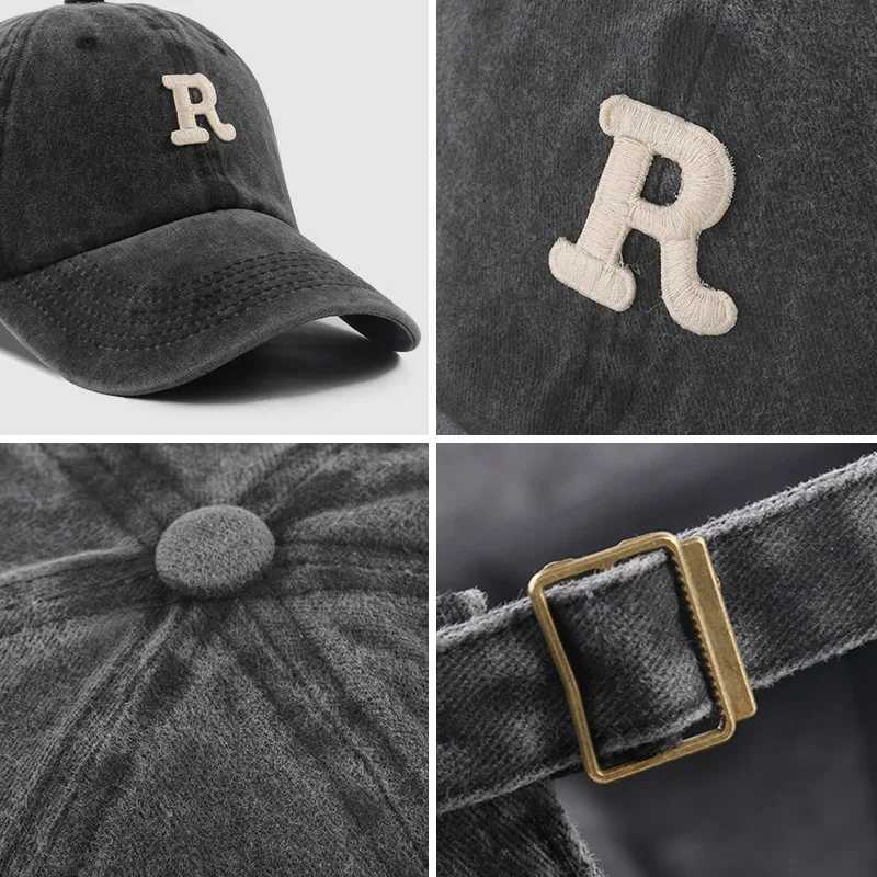 R Letter Embroidery Baseball Cap Vintage Washed Cotton Men Wen Snapback Hat Casual Adjustable Unisex Duck Tongue Caps X250704