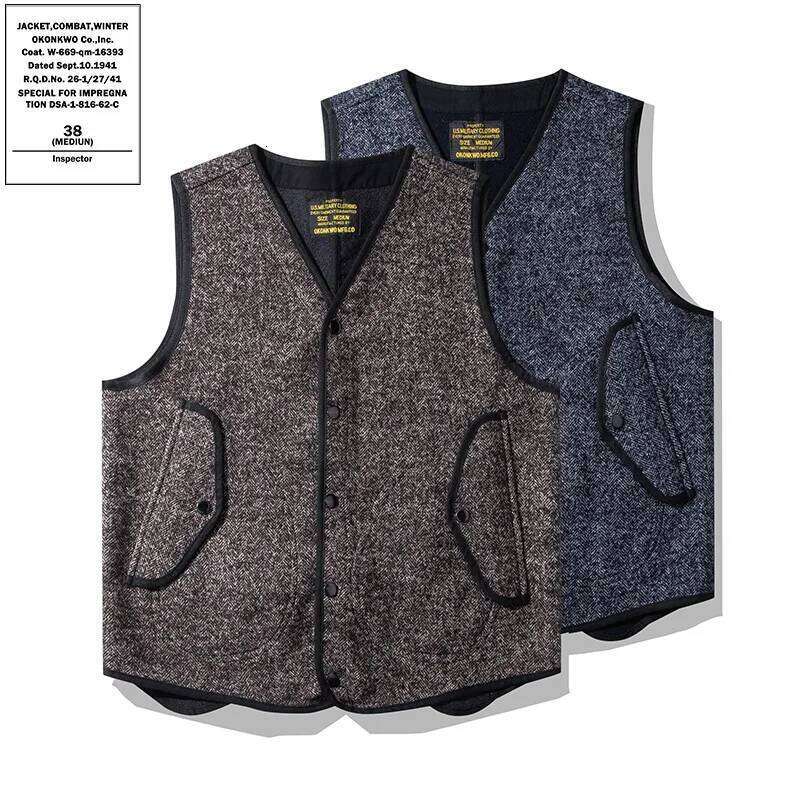 OKONKWO AMEKI British Coarse Flower Wool Vest Outdoor Travel Climbing Trekking Camp Tooling Thick V-Neck Warm Plush Waistcoat 250701
