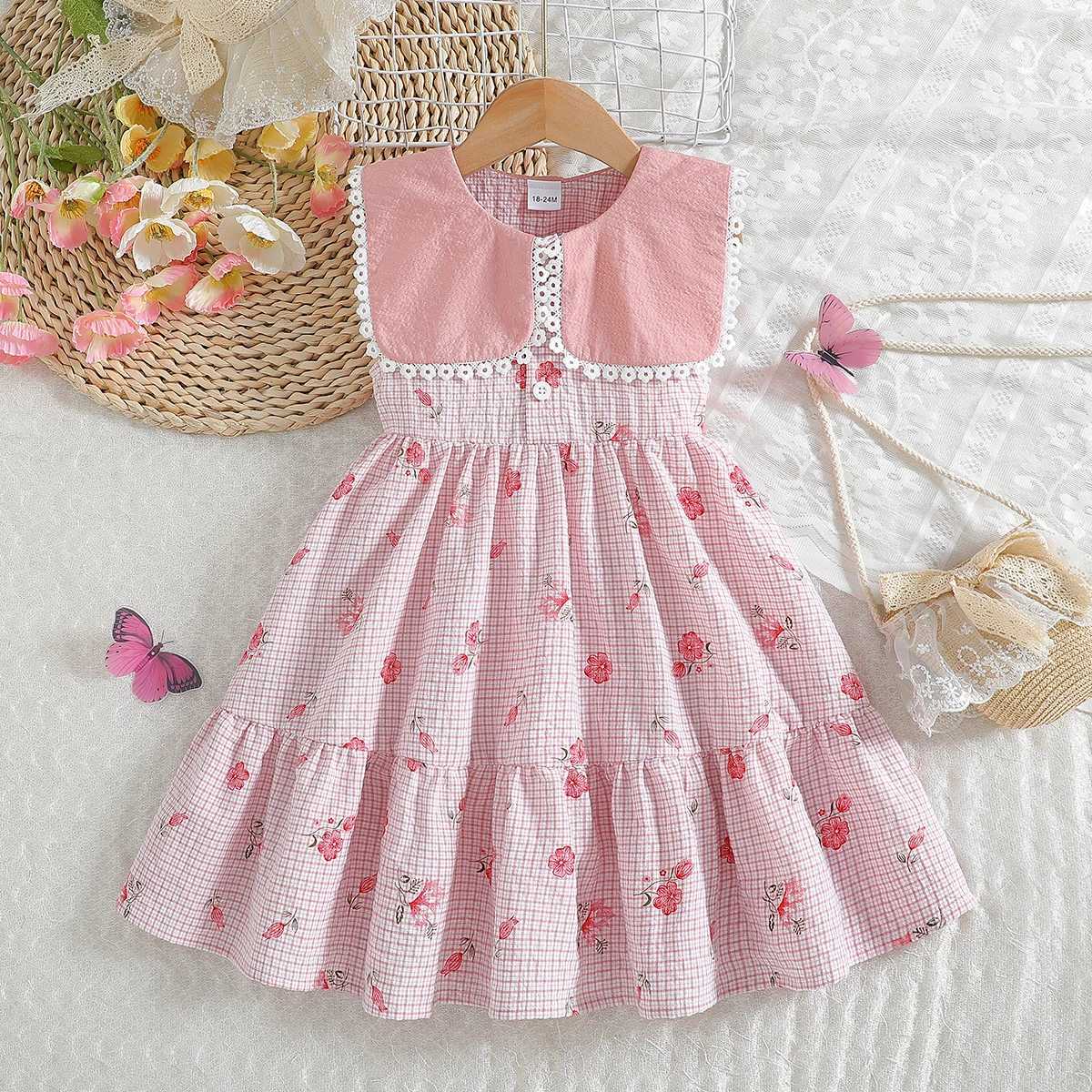 Kids Girls Summer Sleless 2025 1-6Y Print Floral Fashion Peter Pan Collar Casual Daily Dress Children Clothing R250704