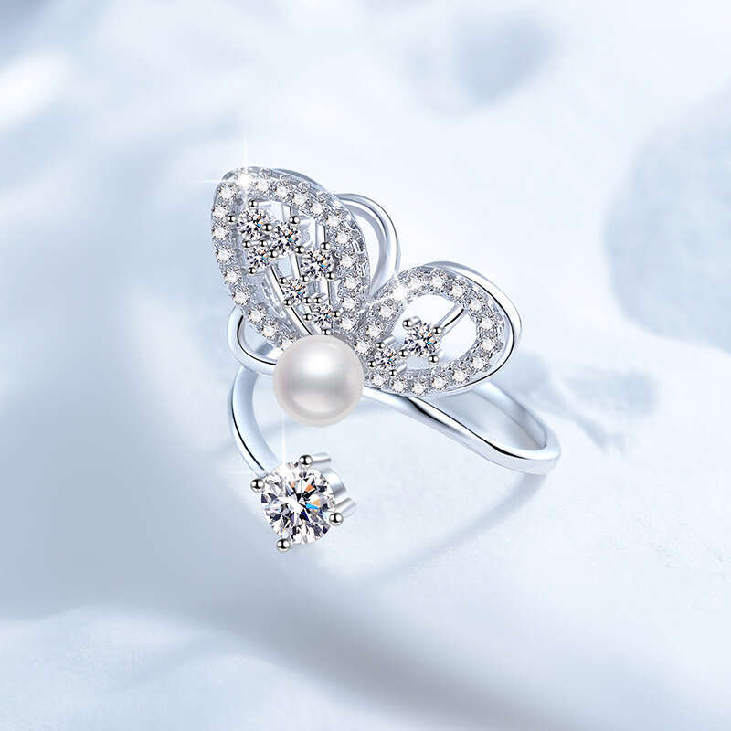 S925 Pure S925ilver MoiS925S925anite FreS925hwater Pearl Butterfly Ring AdjuS925table for Women 92f