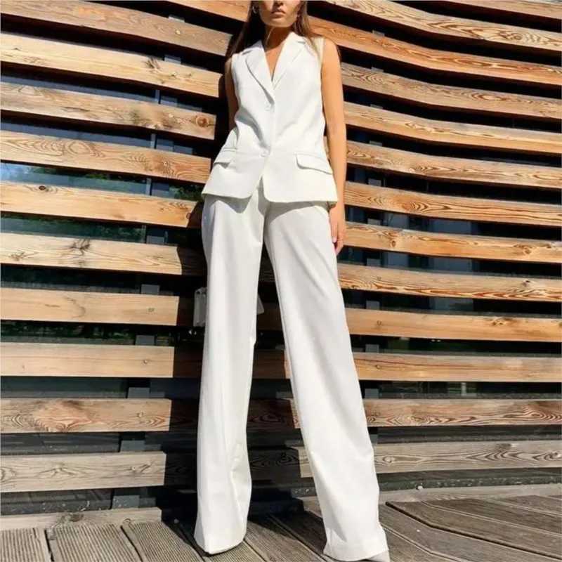 Womens Fashion Suit Two Piece Set Summer Notched Button Vest + Wide Leg Pants Set Elegant Office Business Casual Outfits X250704