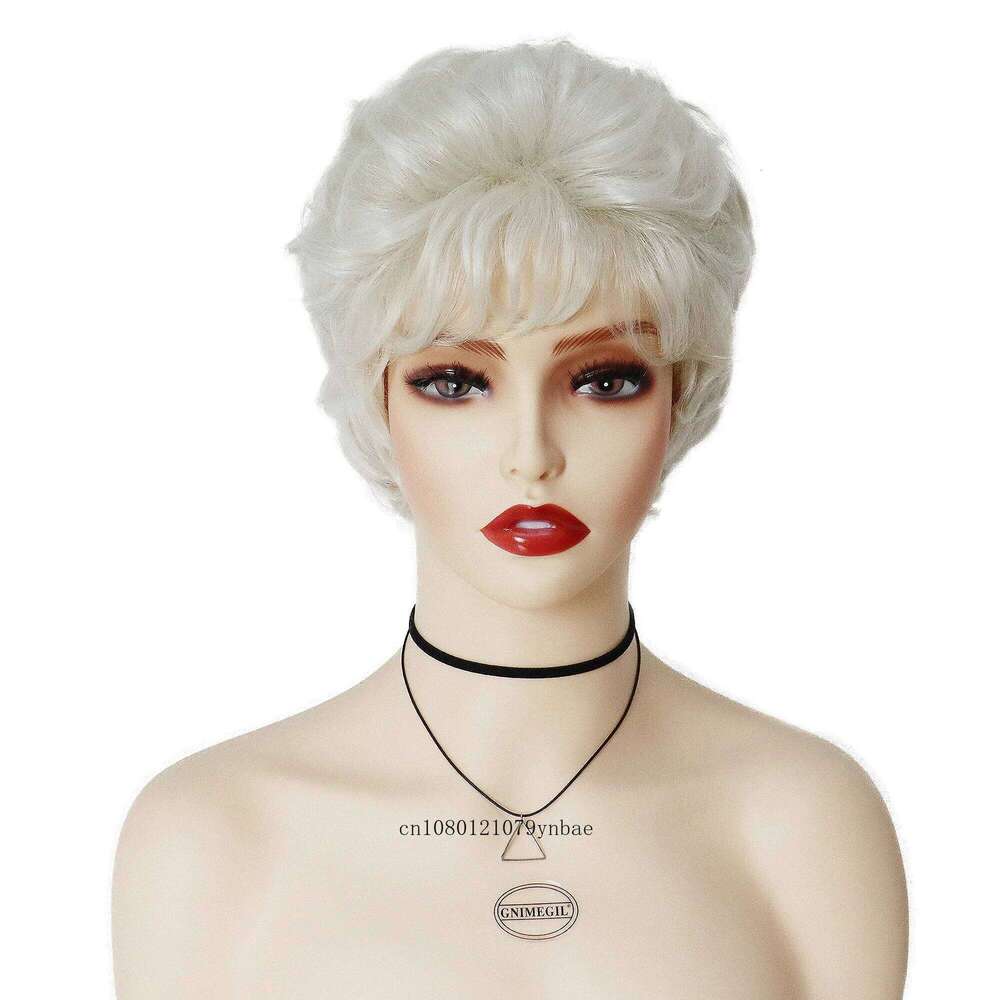 Old Lady Wigs for Women Synthetic White Grandma Cosplay with Bangs Short Curly Pixie Cut Wig Daily Costume Heat Resistant