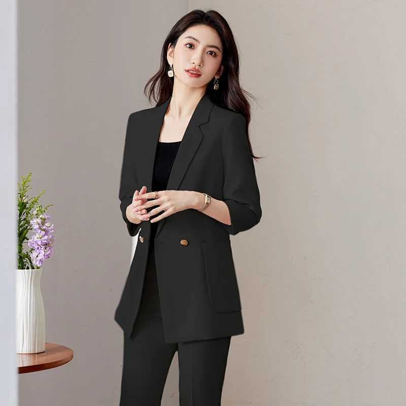 NAVIU Apricot Black Fashion Temperament Suit Womens New Spring Casual Half Slve Blazer And Pants Office Ladies Work Wear X250704