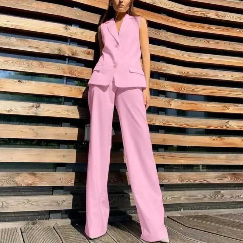 Womens Fashion Suit Two Piece Set Summer Notched Button Vest + Wide Leg Pants Set Elegant Office Business Casual Outfits X250704