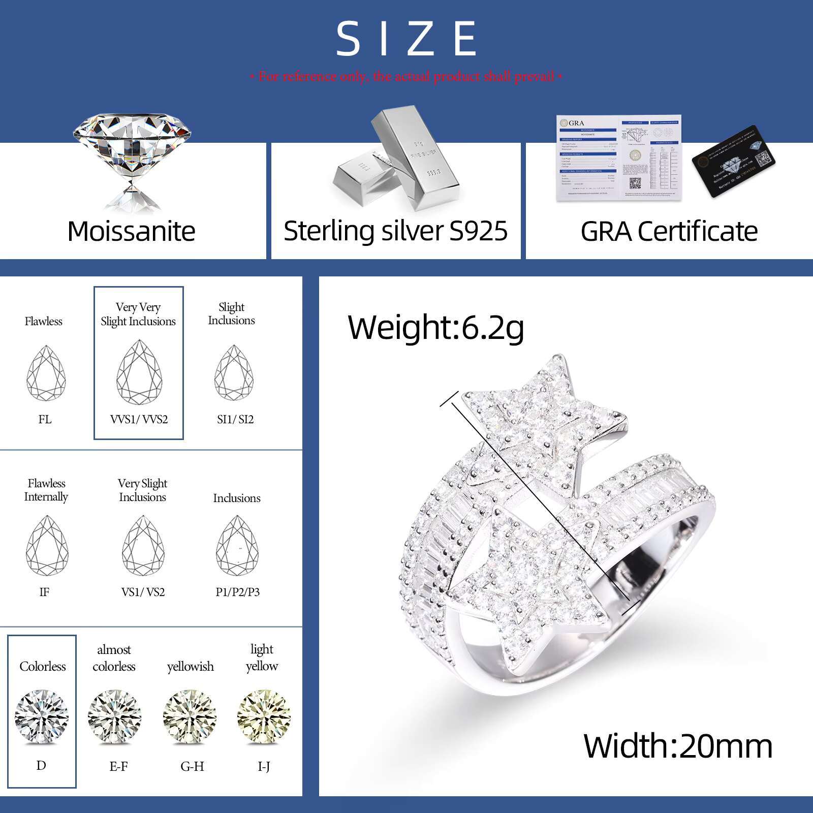 Pass Diamond Tester Baguette Moissanite Star Ring 925 Sterling Silver VVS Mossanite Diamond Engagement Jewelry Gift Hip Hop Mens