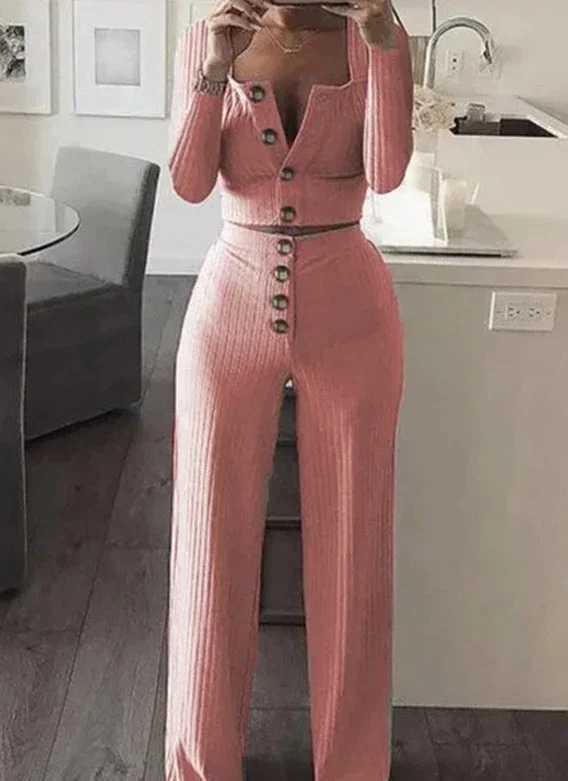 Two Piece Set Women Outfit 2023 Spring Fashion Square Neck Long Slve Casual Short Cardigan Top Buttoned Casual Pants Suit X250704