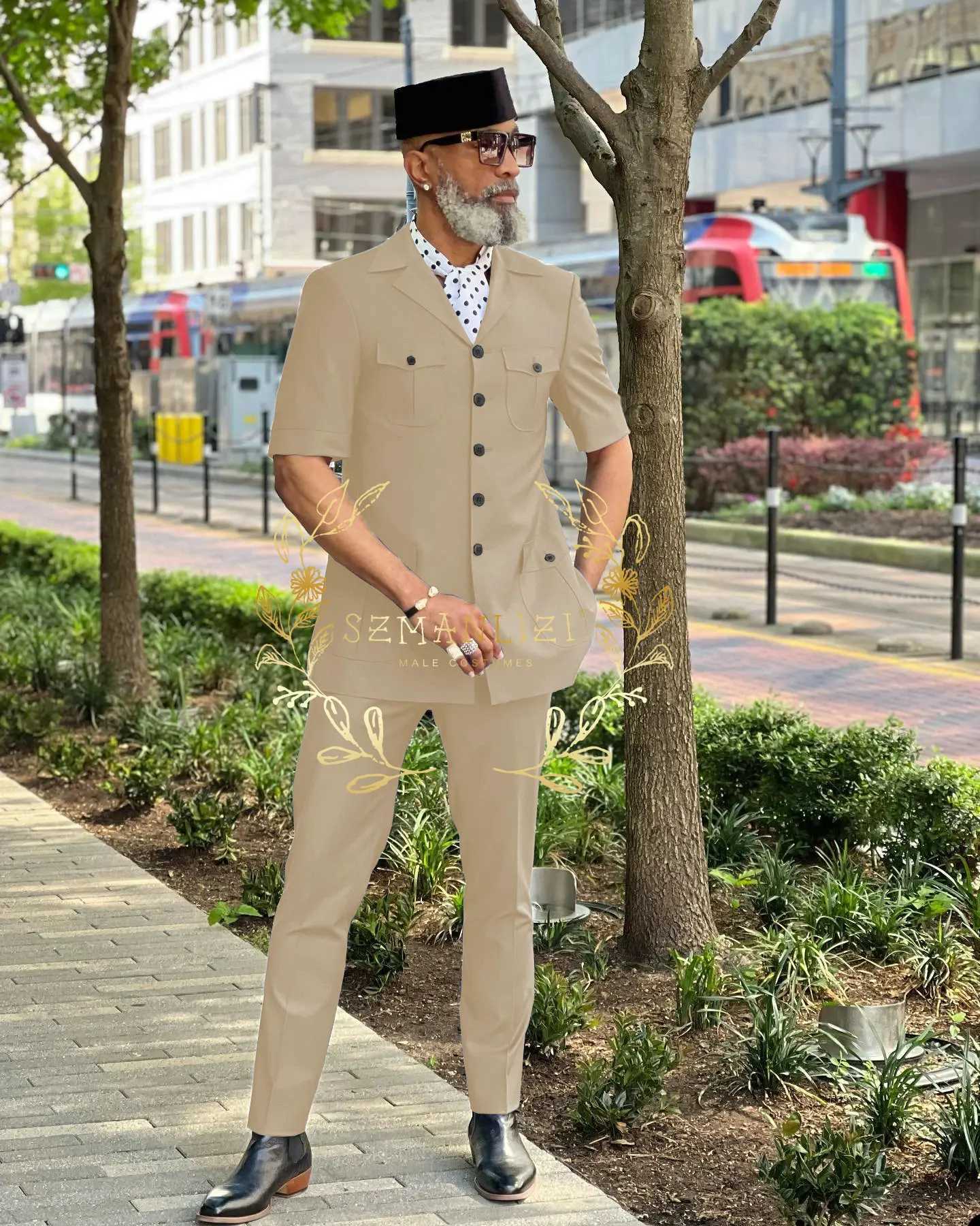 Summer Mens Suits Beige Wedding Blazer Short Sleeve Notched Lapel Slim Fit 2 Piece Jacket Pants Casual Beach Costume Homme X250704