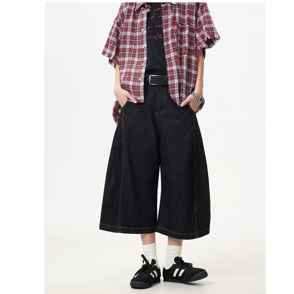 DM Mens Jeans Solid Color Line n American Style Straight Leg Cropped Trousers Summer Baggy Male Denim Shorts 250704