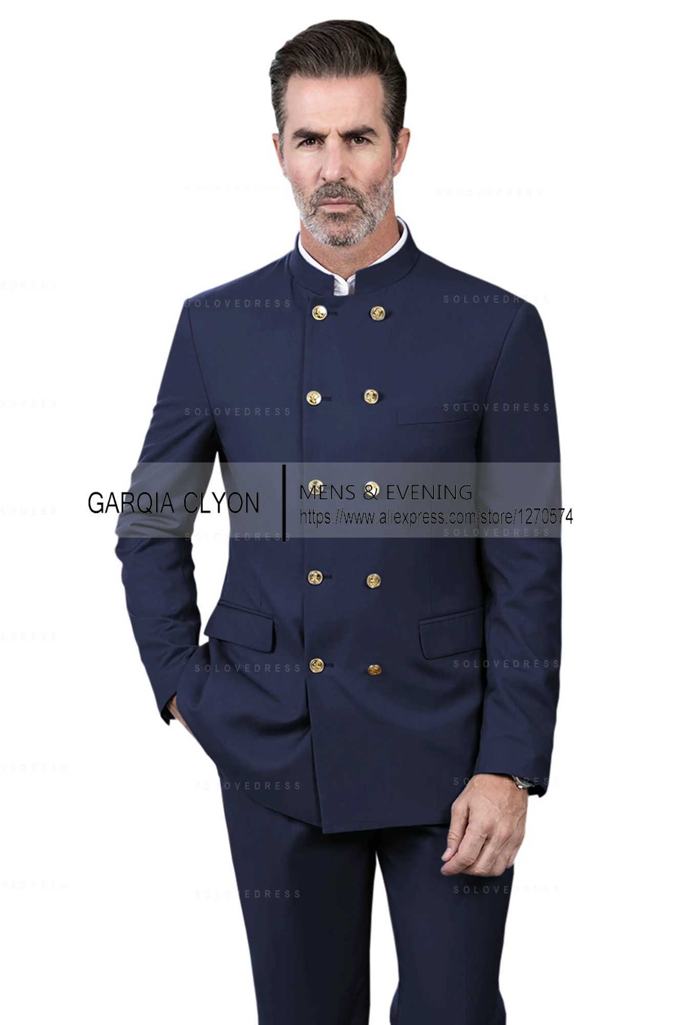 2 Piece Stand Collar Double-Breasted Chinese Style Mens Suits With 3 Real Pocket Wedding Suits Tailored Fit (Blazer+Pants) X250704