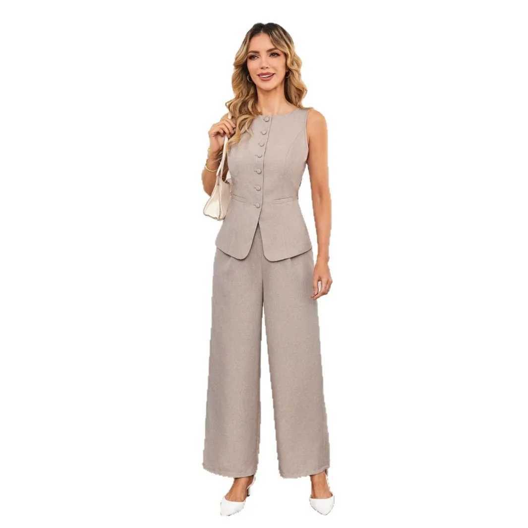 2025 Spring/Summer New Thin Breathable Womens Two Piece Set Slveless Top Strap Waist Wide Leg Pants Fashion Set X250704