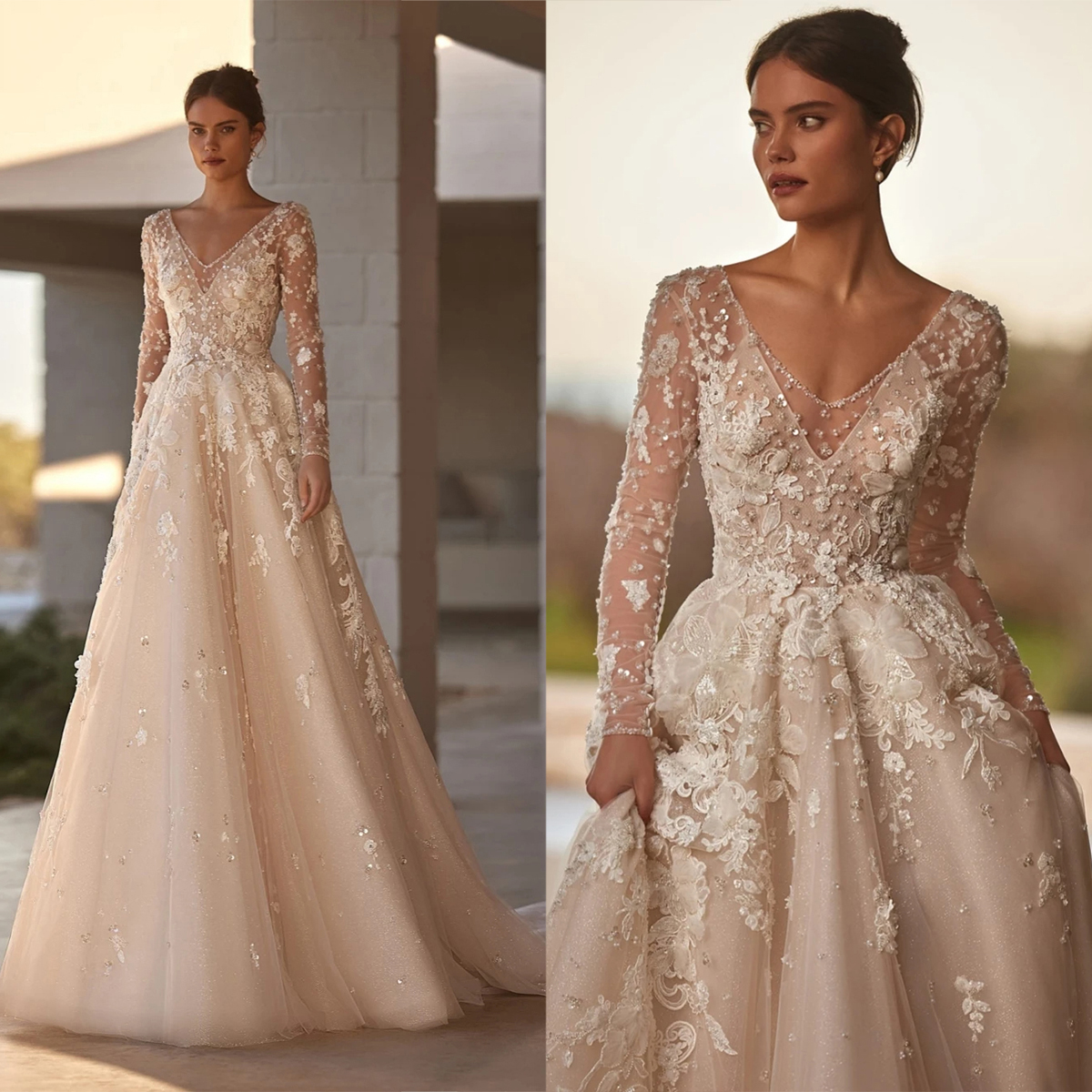 Beaded Flower Appliques Wedding Dresses A Line Deep V Neck Bridal Gowns Long Sleeves Princess Style Custom Made Special Occasion Dresses