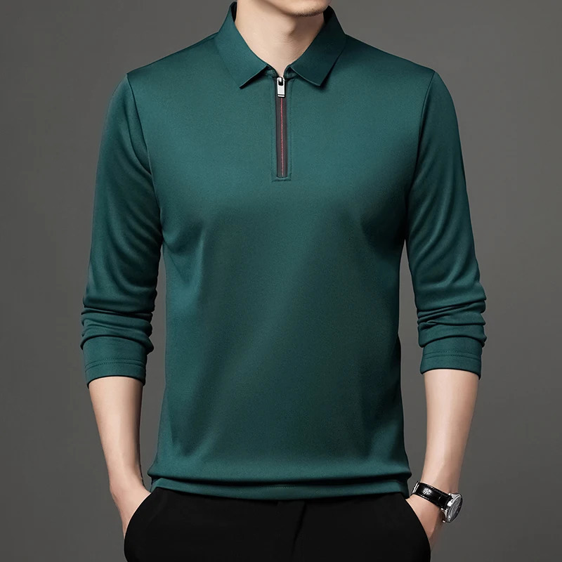 T Shirt Zipper Polo Shirt Male Fashion Turn-Down Collar Long Sleeve Business Men Clothes 250704