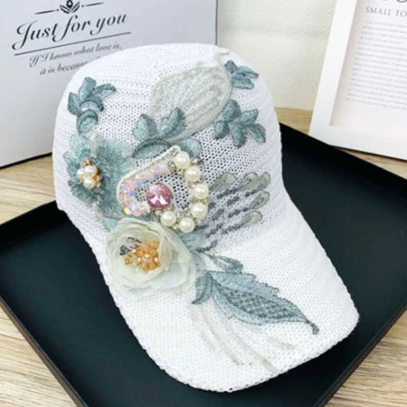 Wens Summer Rose Baseball Cap Snapback Fashion Hot Rhinestone Pearl Cap Ladies Casual Breathable Visor Cap X250704