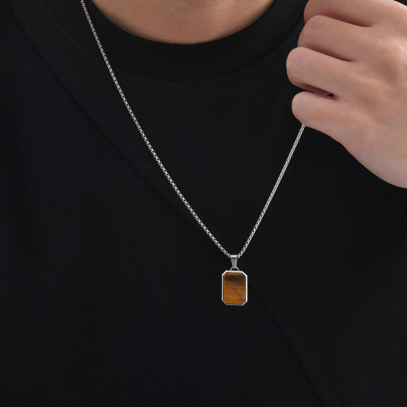 Trendy Pendant Necklaces for Men BoysSquare Natural Stone Stainless Steel Necklaces Hip Hop Cool Jewelry Gifts 250701