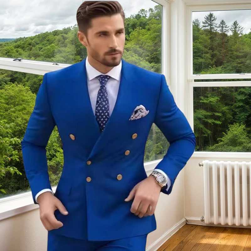 Classic Blue Men Suits 2025 Customize Double Breasted Peak Lapel Regular Length 2 Piece Jacket Pants Outfits Male Clothing X250704