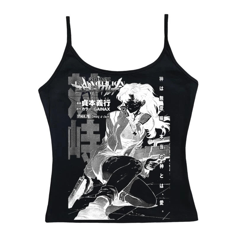 Y2k Anime Print Black Tanks Goth Sexy Bodycon Cropped Tops Women Camis Streetwear Harajuku Coquette Basic Corset Top Clothes Emo 250704