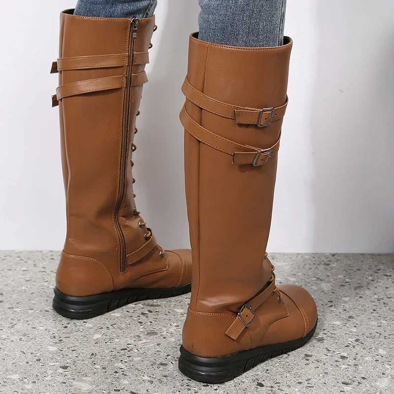 Winter Boots for Women 2023 Combat Cowboy Knee High Long Leather Platform Shoes Black Gothic New Rock Punk Solid Womens Boots Z250704