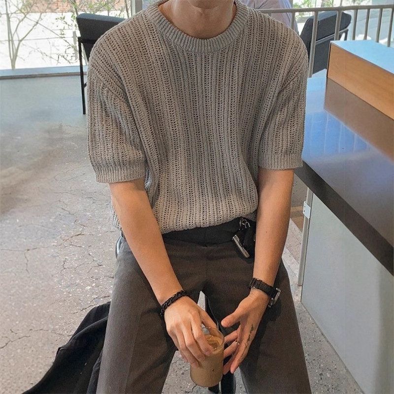 Knitted Short Sleeve T-shirt For Men, Summer Thin Korean Style Trendy Brand Designer Short Sleeves Casual Clothing, Popular Design Sense, Elegant Half