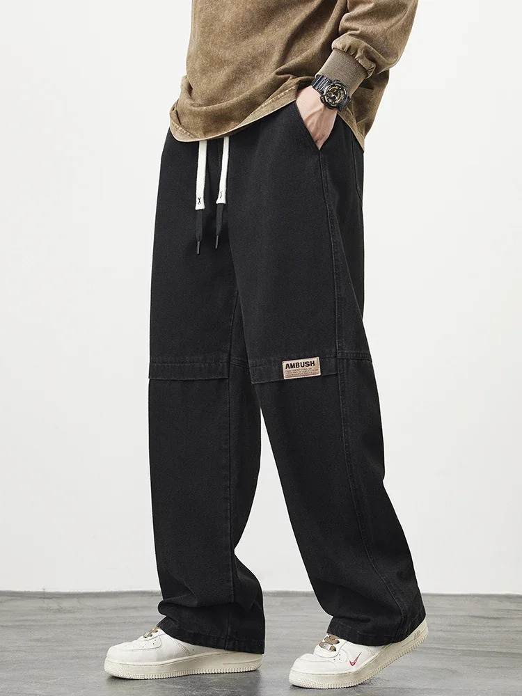 Retro Blue Mens Jeans Large Size String Banding Wide Leg Denim Pants Cotton Casual Straight Trousers 6XL 7XL 8XL 250704