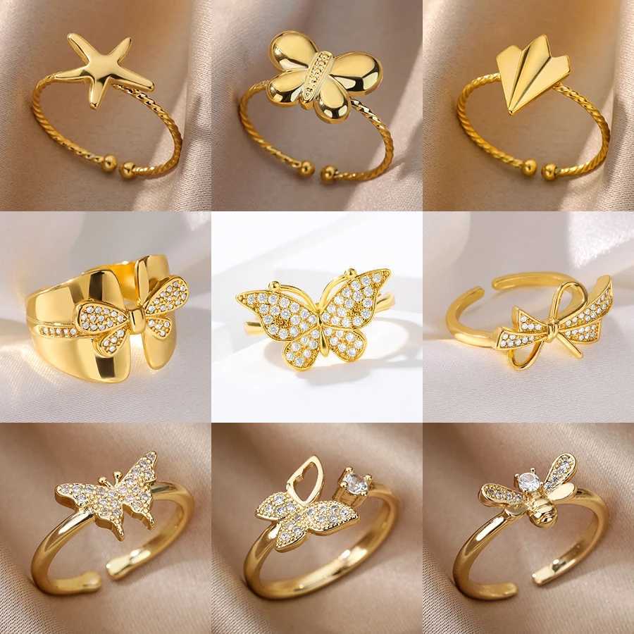 Butterfly Rings For Women Gold Color Stainless Steel Bees Bowknot Adjustable Opening Finger Ring Engagement Wedding Jewelry Gift Y250704