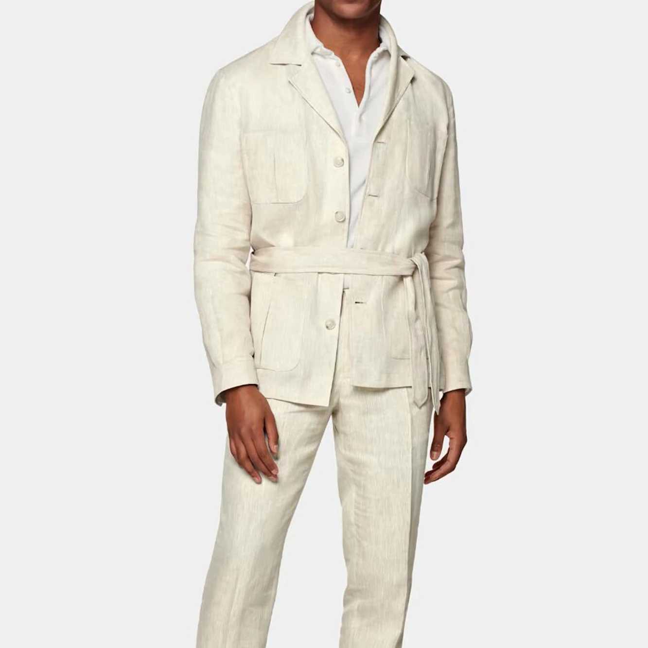 New 2 Pieces Linen Mens Suits With Belt Tuxedo Summer Casual Style Groomsmen For Wedding (Blazer+Pants) X250704