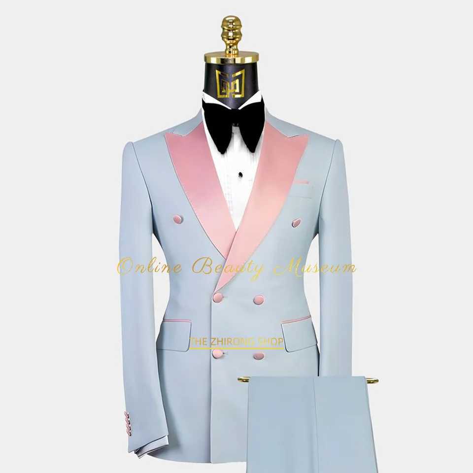 2-piece Mens Suit Pink Peak Lapel Double-breasted Tuxedo Sky Blue Fashionable Summer Wedding Party Graduation Dress Handmade X250704