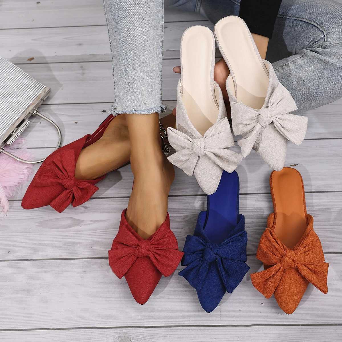 Women Bow Flats Slippers Summer Square Toe Closed Toe Sandals Non Slip Beach Shoes Big Size Pointed Toe Slippers Women Slides Women W250704