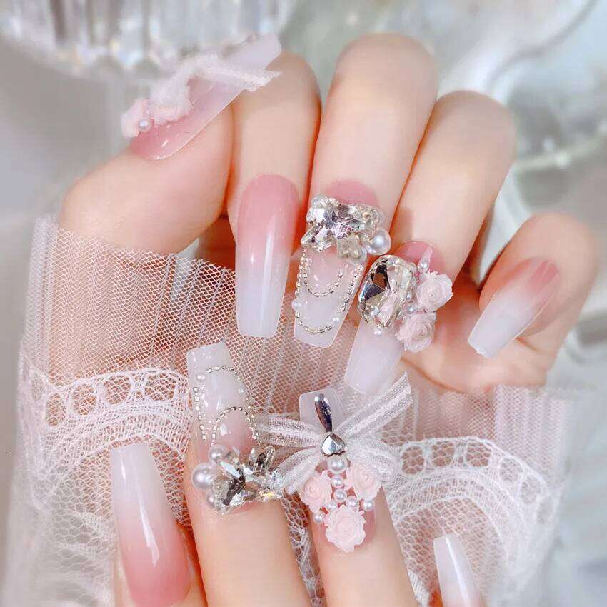 Blush Pink False Bowknot Dia Pearl 3D Design Press on Nail Tips with Harmless Smooth Edge Woman DIY Fake Nails X250704