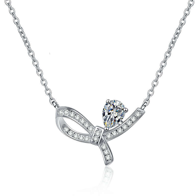 S925 Pure S925ier Pendant Women'S925 Necklace Light FaS925hion Bowknot MoiS925S925anite 1 caratS925 Clavicle Chain 669