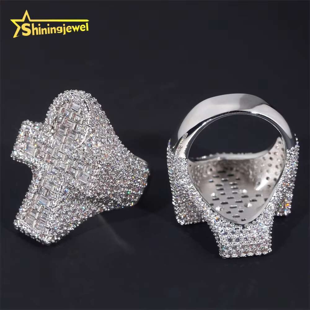 Fine Iced Out Baguette Hip Hop Jewelry Ring Custom 925 silver Moissanite Diamond Rhodium Plated Unisex Cross Ring for Men