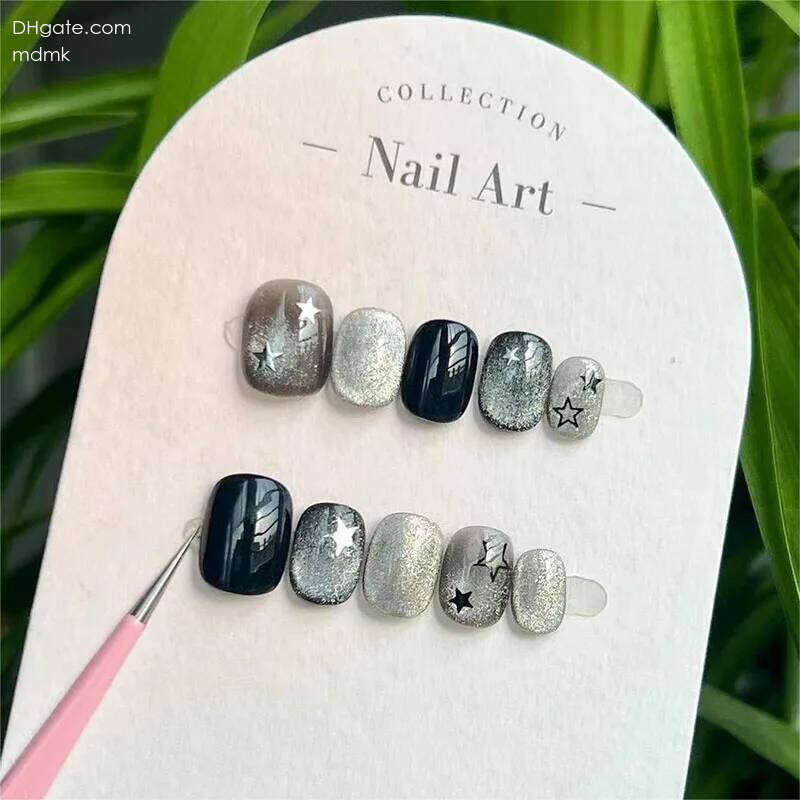 10Pcs Handmade Press on Nails Black Sweet Cool Cat Eye Stars False for Women&Girl Short Square&Round Wearable Nail Art X250704
