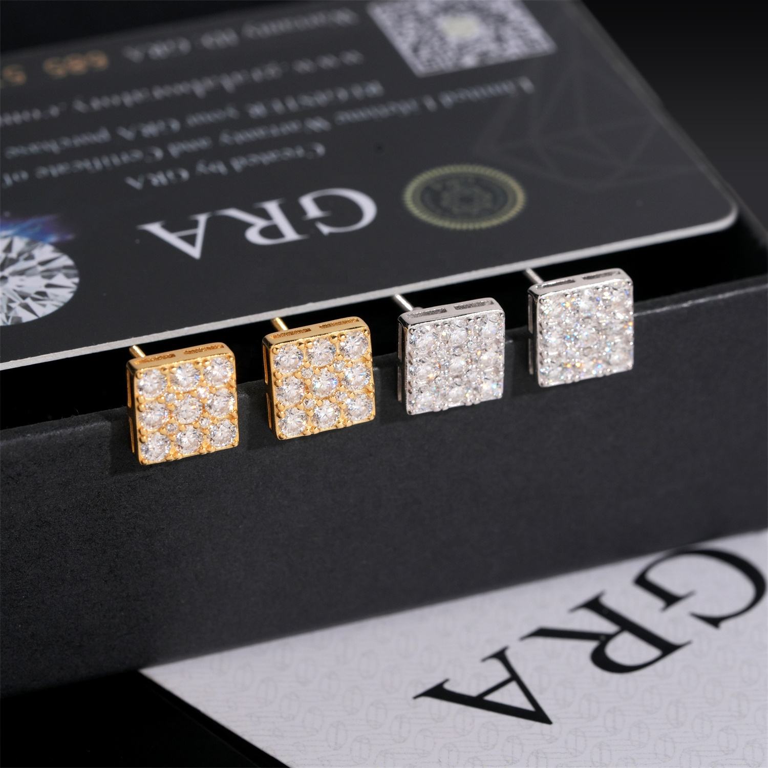 New Design Hip Hop GRA Certificate 925 Sterling Silver Square VVS Moissanite Diamond Stud Earrings