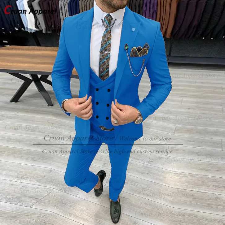 Formal Slim Fit Best Man Groom Wedding Tuxedo Business Jacket Double Breasted Vest Pants Set 2025 Fashion Blue Men Suit 3 Pieces X250704