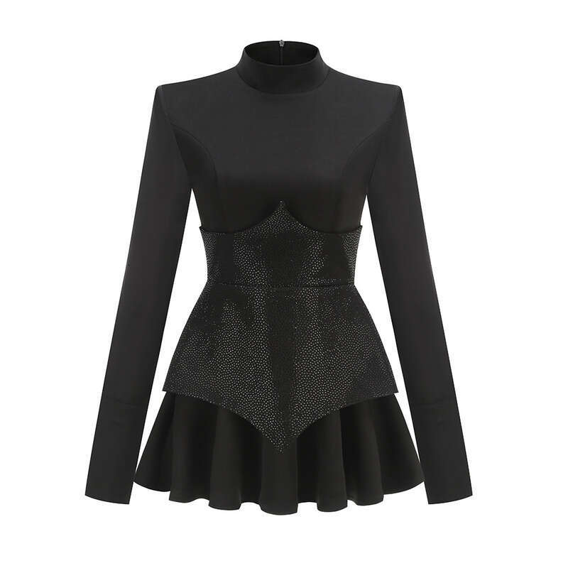 White Skirt Maxi Skirt New Elegant Stand Collar Long Sleeve Fashion Sequin Color Block Slim Fit Patchwork Short Dress Long Skirt