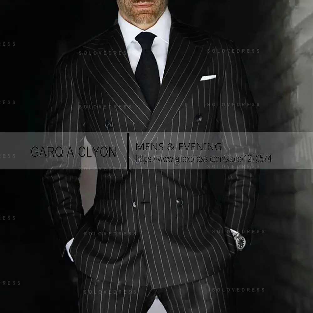 Black Stripe Mens Suits 2 Pcs Peak Lapel Double Breasted Male Clothing Prom Party Elegant Wedding (Jacket + Pants) Tailor-made X250704