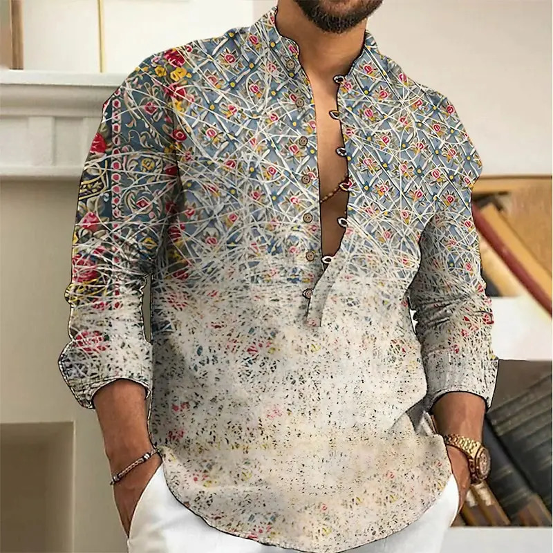 2025 Mens Art Printed Fashion Spring And Summer Long Sleeved Linen Shirt Button Comfortable Fabric Street Trend Roupa Masculina 250704