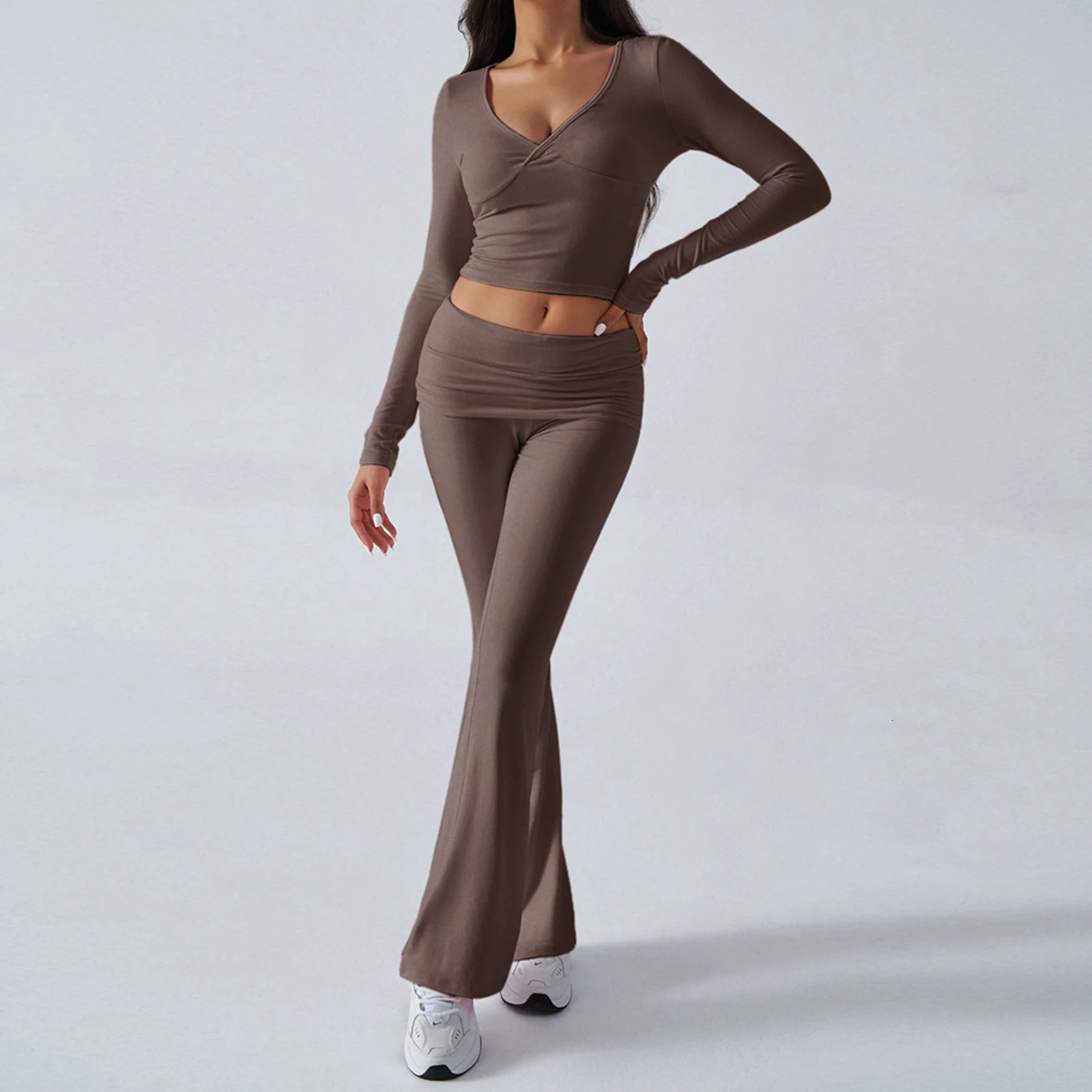 2pcs Women Exercise Gym Sets Activewear Knit VNeck Tracksuit Crop Long Sleeves Tops Elastic Flared Pants Fitness Workout Sets 250704