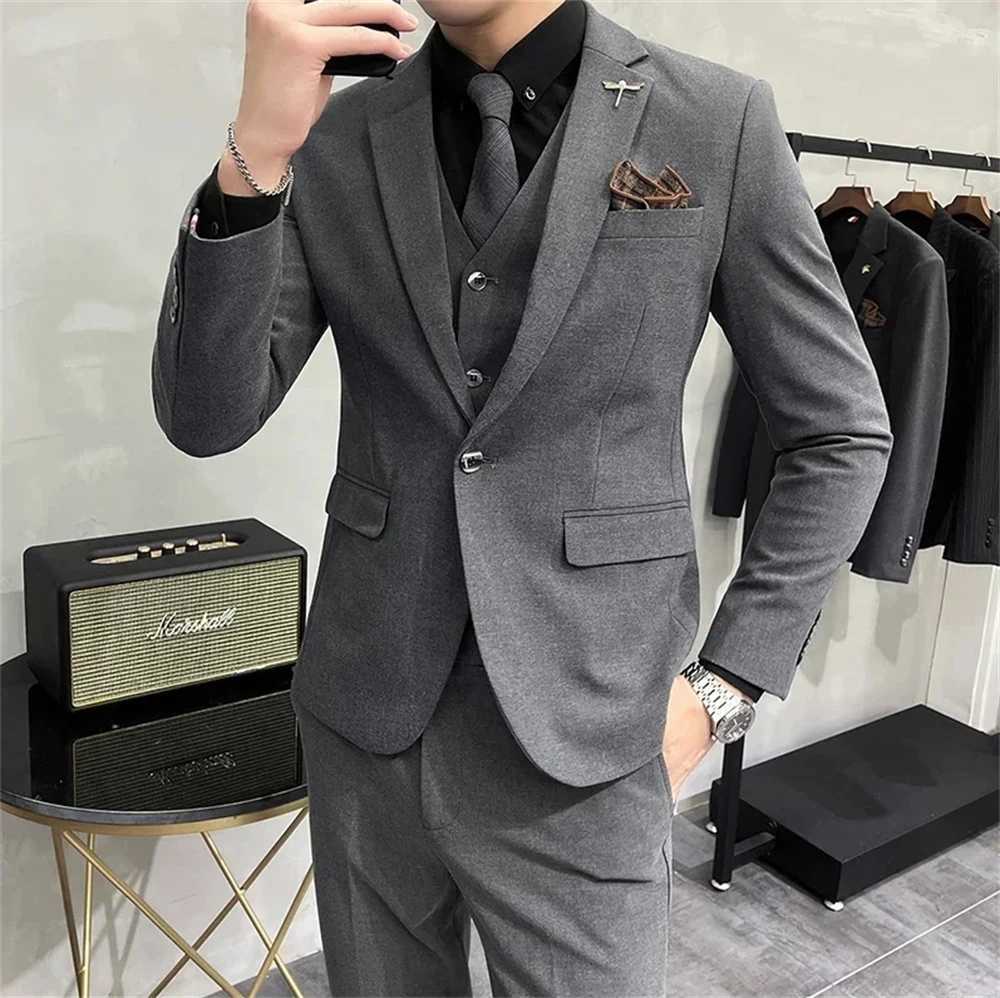 High-end Boutique Fashion Solid Color Mens Casual Business Suit 3-Piece Set Groom Wedding Dress (Jacket + Vest + Pants) X250704