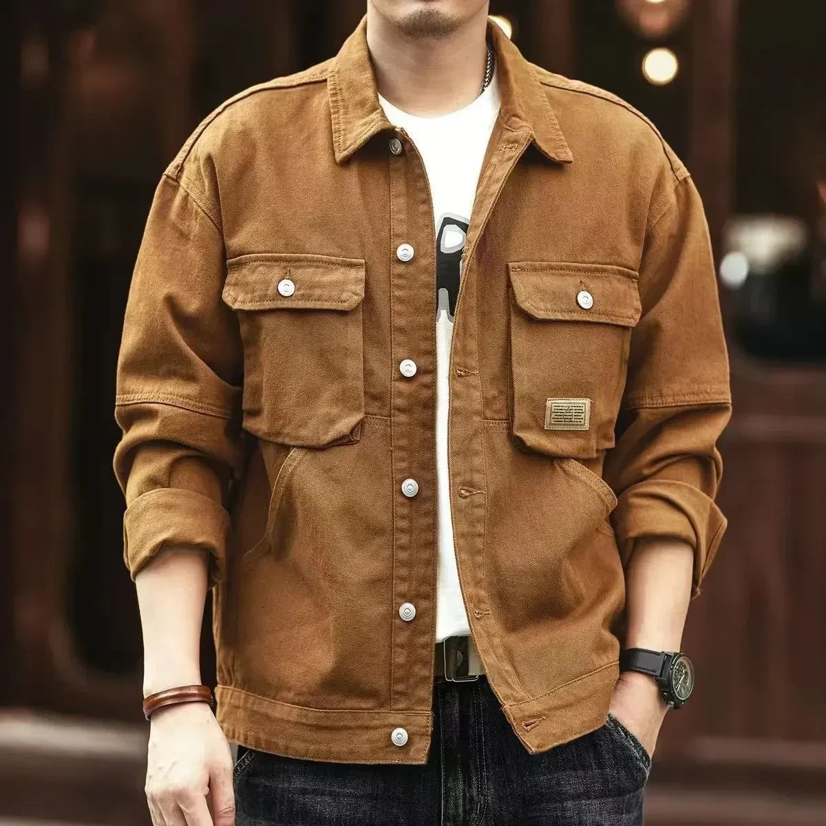 Cowboy Coat for Men Button Autumn Loose In Denim Jackets Man Size L Japanese Retro Fashion Cowgirl Elatic Low Cost Clothing 250704