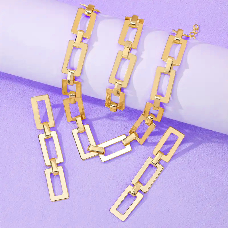 1 Square Chain Style Leopard Print Gold Necklace Bracelet Earring Set Elegant Personality