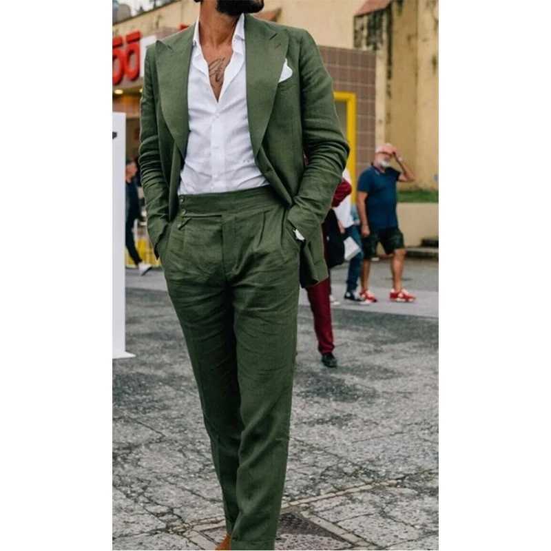 Green Linen Men Suits Casual Beach Wedding Male Clothing Single Breasted Peak Lapel 2 Piece Jacket Pants Outfits Costume Homme X250704