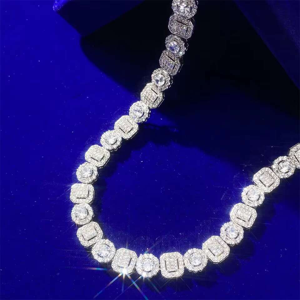 2024 New Arrival Hip Hop Rapper Iced Out VVS Moissanite Baguette Flower Cluster 925 Sterling Silver Tennis Chain Necklace