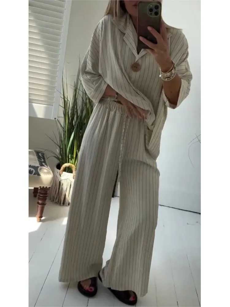 Fashion Striped Print Two Piece Set Womens Suit Loose Lapel Long Slve Top And Pants Sets Ladies Spring Autumn New Outfit X250704