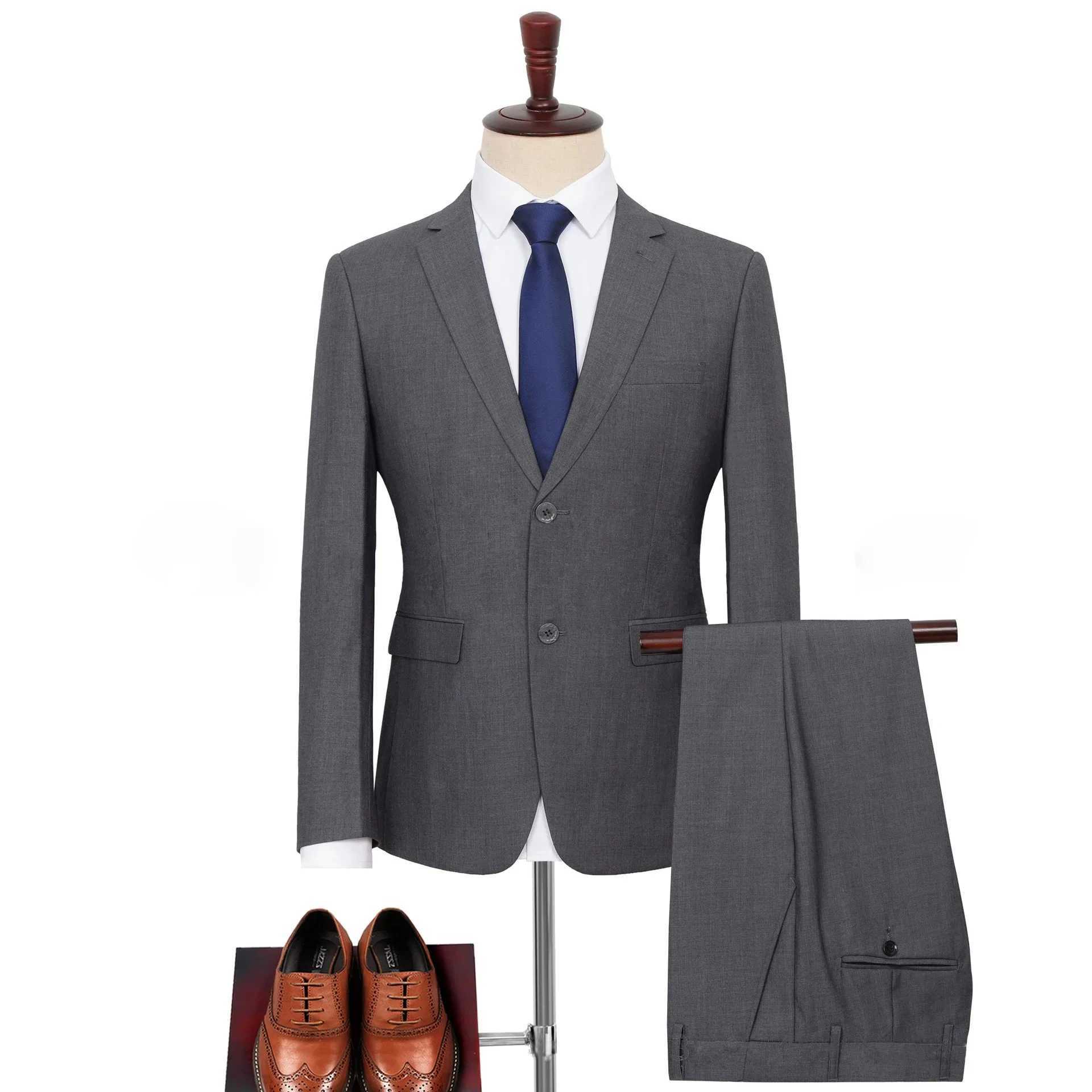 2024 Plus Size Suit Set Men Solid Color Single Breasted Jacket Pants For Host Groom Groomsmen Gray Black Navy 2-Piece Suit Set X250704