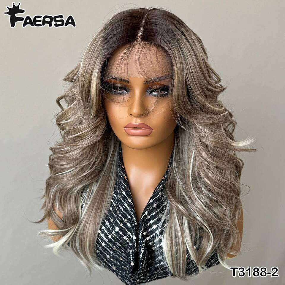 Body Wave Layered With Bangs Women 18 Inch Ombre Brown Synthetic Front Wigs For Daily Use T- Part Lace Wig