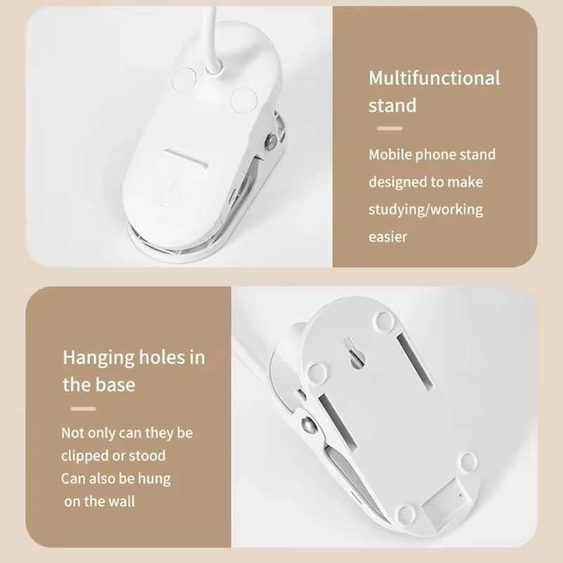 LED Portable Clip Table Lamp USB Rechargeable Clip Desk Lamp Bed Reading Night Light Touch 3 Dimming Modes Eye Protection Light XJ250703