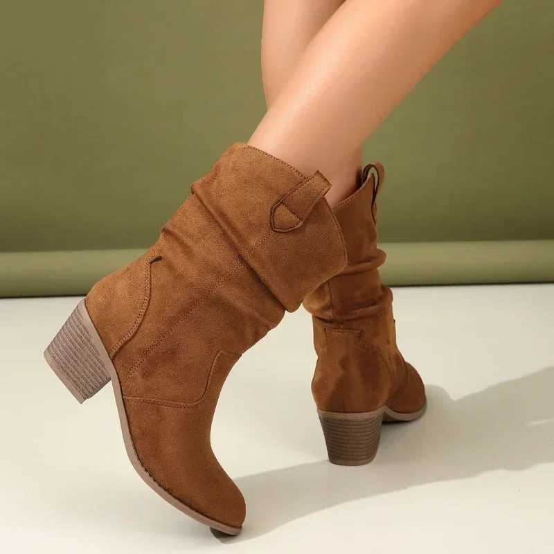 Women Pleated High Heeled Ankle Boots 2024 Autumn New Pointed Toe Brown Cowboy Boots Woman Pu Leather Botas Shoes Plus Size 42 Z250704