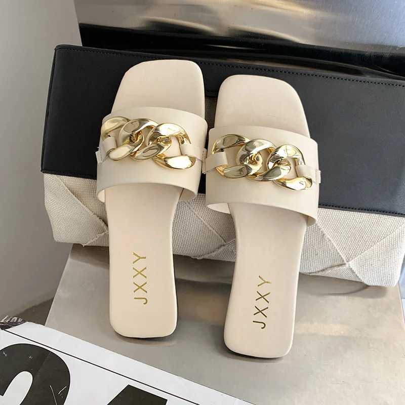 2024 New Fashion Womens Slippers Square Toe Chain Slippers Flat Slide Sandals Beach Flip Flops Metal Decoration Casual Shoes W250704